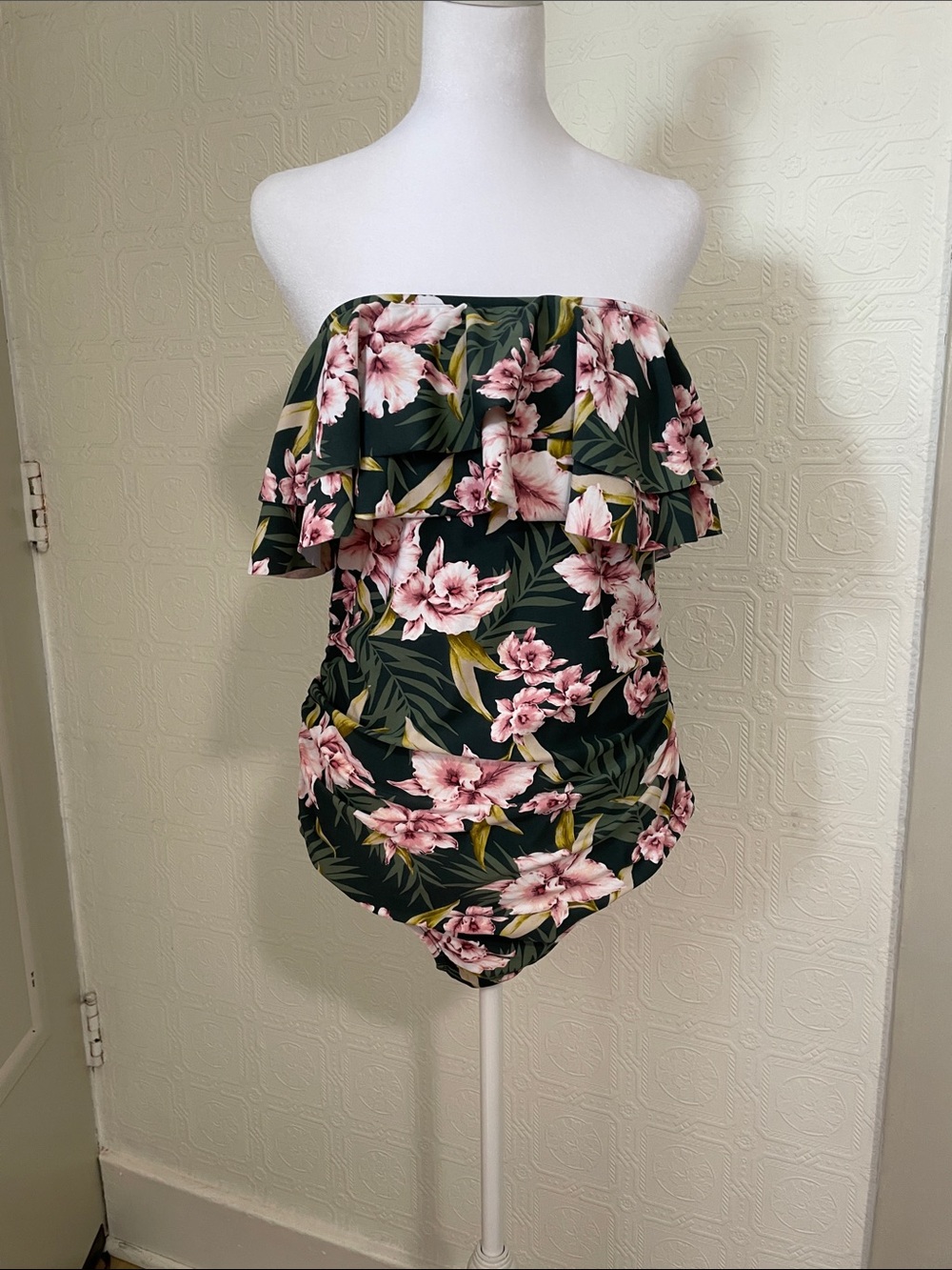 Kona Sol Pink Floral Ruffle Off-Shoulder One-Piece Swimsuit